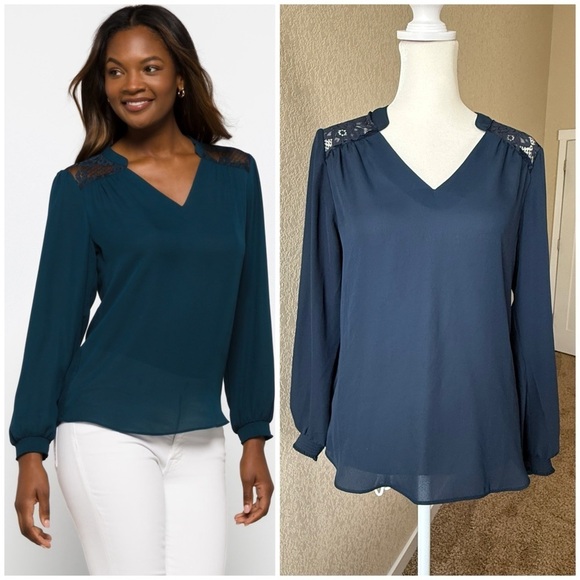 Fortune + Ivy Tops - 🌿 NWT FORTUNE + IVY Sarna Lace Detail Blouse – Navy Blue, XS 🌿